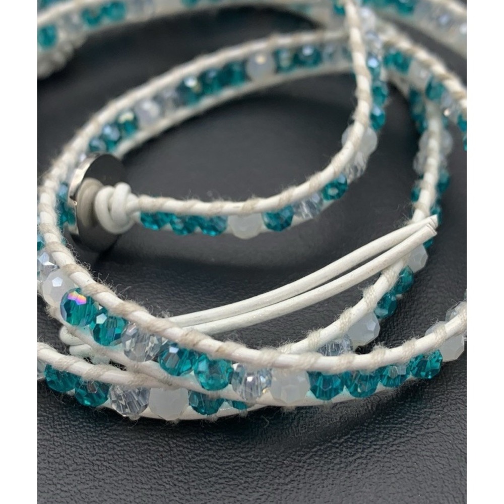 Victoria Emerson Leather Crystal Aqua Blue & White Wrap Bracelet Choker Necklace